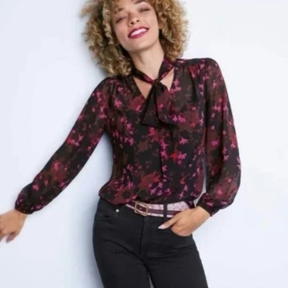 CAbi Style #3860 Candlelight Floral Sheer Long Sleeve Elastic Cuff Blouse Sz XS - Picture 1 of 12